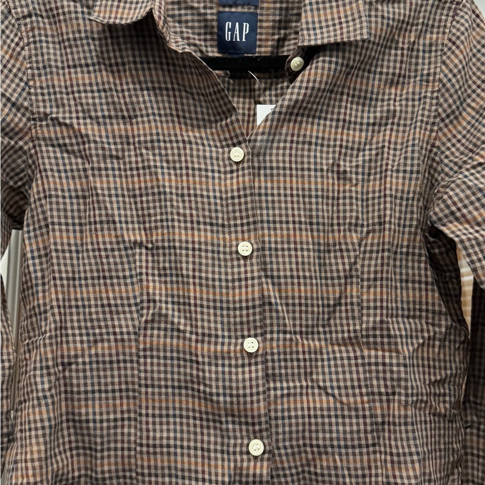 GAP Women’s XS Fitted Cropped Plaid Cotton Button-Up Shirt Brown Blue Beige - Picture 2 of 8